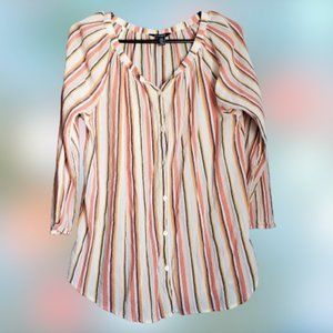 Chaps 3/4 Sleeve Button Down, Striped Blouse, Soft Textured Material, Women's L